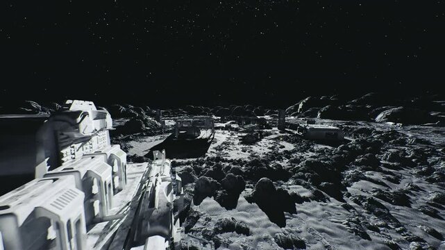 mining excavation site on moon surface, heavy rigs digging regolith, illuminated haul paths, ore piles and processing shadows, geology markers and remote