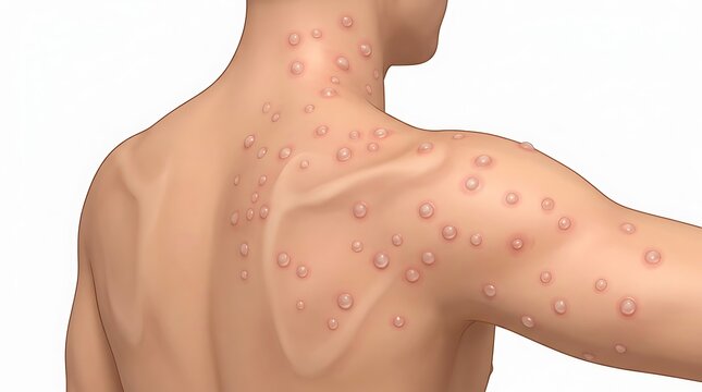 Medical illustration of human skin showing viral rash symptoms on shoulder and back