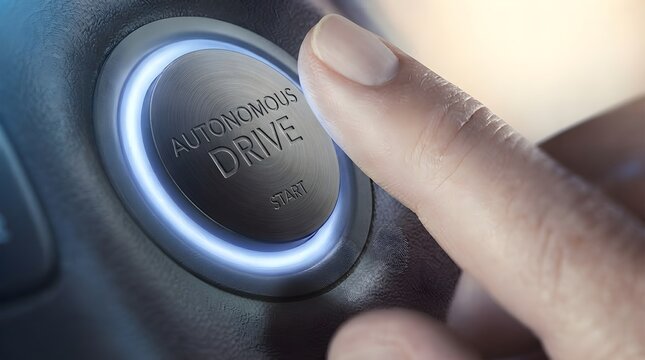 Finger pressing an autonomous drive start button on a modern car dashboard