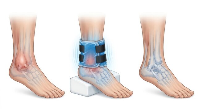 Anatomy of an injured ankle showing inflammation and cold therapy treatment