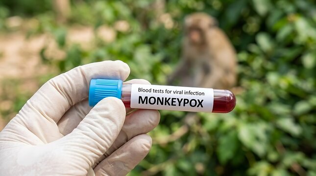 Medical hand holding blood test tube labeled monkeypox with monkey in background