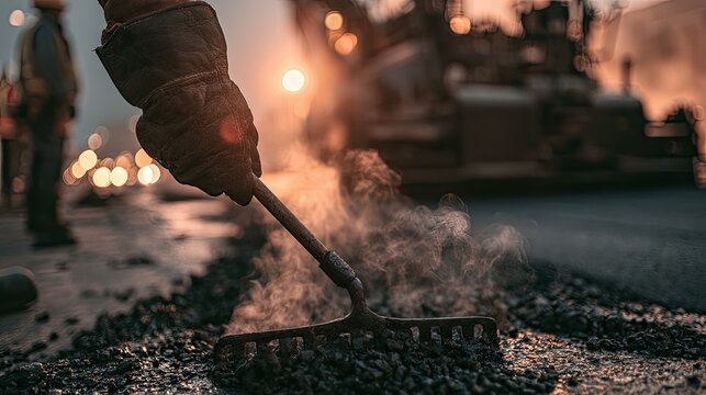 Worker spreading hot asphalt with a rake as sun sets behind road construction