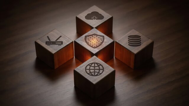 Five wooden cubes arranged on a dark wooden surface, each featuring engraved representing cloud storage, network router, database, and globe