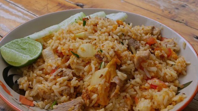 Thai Pork Fried Rice with Cucumber Slices and Lime on Rustic Wooden Table, Homestyle Asian Comfort Food