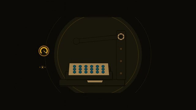 Abstract animated leather stamping drawn as yellow and gold lines and shapes on a deep dark background. Seamless looping 4K motion graphics video with free space for text, ideal for industry explainer