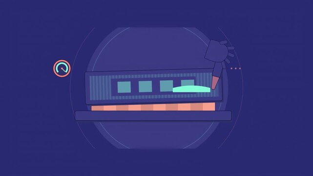 Abstract animated screen printing being pulled drawn as blue and cyan lines and shapes on a deep dark background. Seamless looping 4K motion graphics video with free space for text, ideal for industry