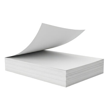 A stack of blank white paper sheets with the top page slightly lifted up isolated on transparent background