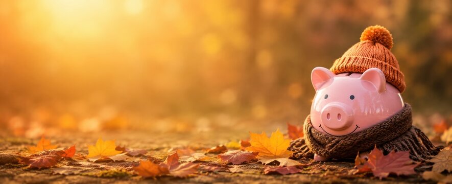 Piggy bank wearing a knitted hat and scarf among fallen autumn leaves, representing saving money, personal finance, budgeting, financial planning and fall season. Advertising banner, copy space