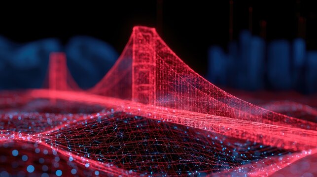 Futuristic digital wireframe representation of a suspension bridge at night