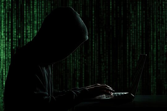 Shadowy figure in hood, typing on laptop, against green digital code background