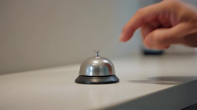 Close-Up of Adult Hand Pressing a Silver Service Bell on a Counter