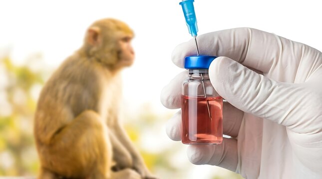 Scientist holding vaccine vial with syringe for monkey medical research in laboratory