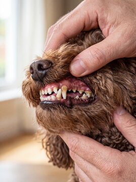 Owner checking dog teeth with tartar buildup and gum problems