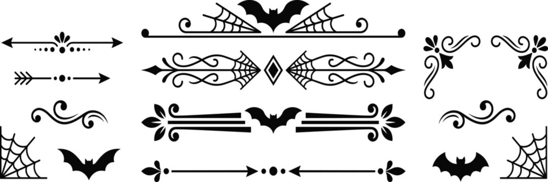 Vintage Halloween vector border set featuring gothic decorative dividers with spoopy bats, spider web and ornamental branches.