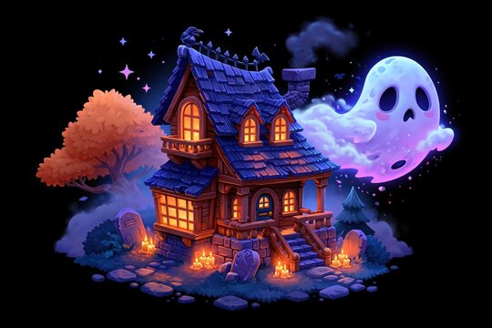 Spooky haunted house with a friendly ghost on Halloween night
