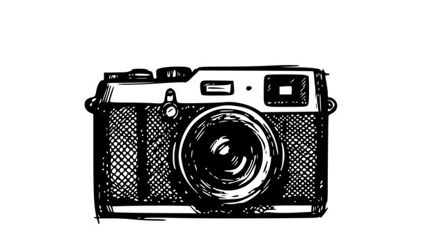 Hand drawn vintage photo camera sketch vector illustration on white background with illustration photography technology equipment handdrawn photographer isolated nostalgia monochrome