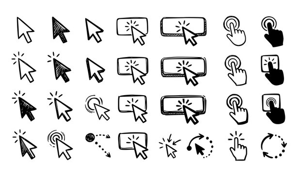 Hand drawn set of mouse pointer cursor icons and clicking hands in sketch style with computer illustration isolated internet technology interface template collection handdrawn