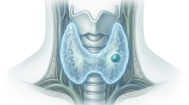 Illustration of a human thyroid gland with a visible nodule on the right lobe