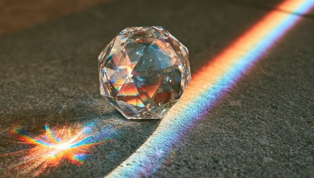 Faceted crystal scatters rainbow light across textured surface