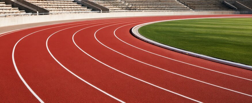 Curved red athletics running track with green grass infield and empty stadium stands for sports background and competition poster design
