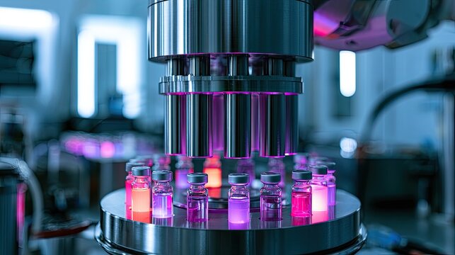Advanced manufacturing process with vials illuminated under bright, colorful lights