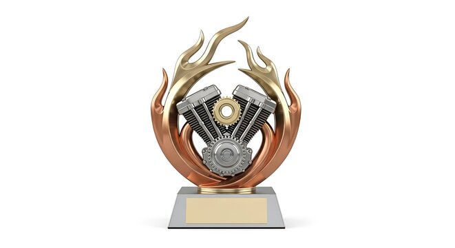 3D rendered motorcycle V-twin engine trophy with stylized metal flames on white base plaque for racing championship awards