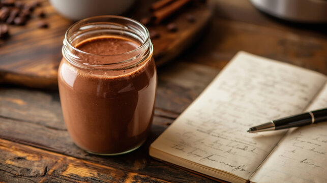 Glass jar of chocolate spread sitting beside notebook on wooden table