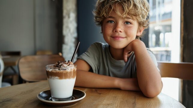 Boy smiling beside iced coffee in cafe interior