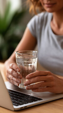 Woman holding glass of water while seated at laptop desk