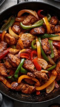 Top down skillet pepper steak with bell peppers and onions for recipe blog background and food styling layout