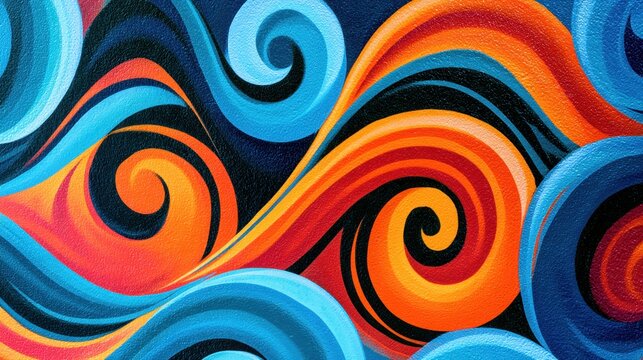 Colorful swirling graffiti wave mural background with orange and blue swirls for urban poster and banner design