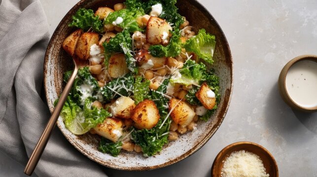 Chickpea caesar salad with creamy dressing and croutons for healthy lunch bowl and menu photography