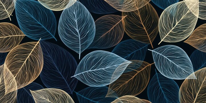 Seamless veined transparent leaves pattern background with blue and beige translucent foliage for elegant wallpaper design