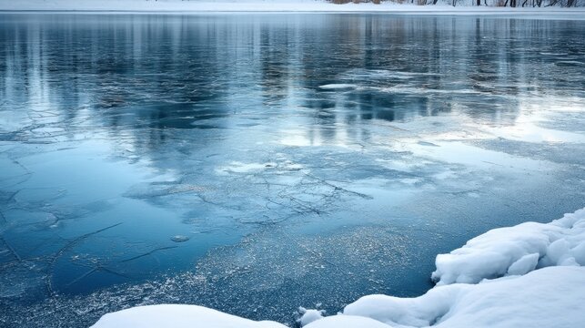 Partly frozen lake reflecting trees and snowy shoreline