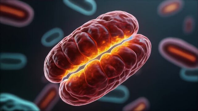 Detailed mitochondria structure with realistic cellular energy activity for biotechnology, medical education, scientific research, and healthcare presentations.