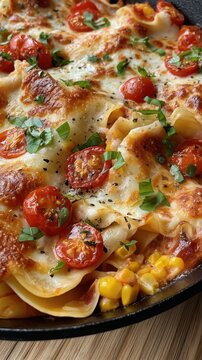 Cheaters skillet lasagna with corn and cherry tomatoes baked in cast iron for dinner casserole background and comfort meal design