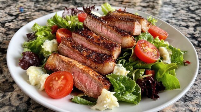 Sliced steak with blue cheese and mixed greens salad for one serving for healthy lunch recipe card and menu design