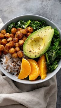Healthy buddha bowl with kale, avocado, orange, wild rice, roasted chickpeas and sweet potato for lunch menu, recipe blog background and meal planning