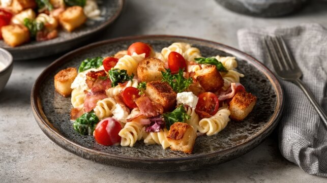 Blt pasta salad with croutons cherry tomatoes bacon and kale on a rustic plate for casual dinner menu and editorial food styling