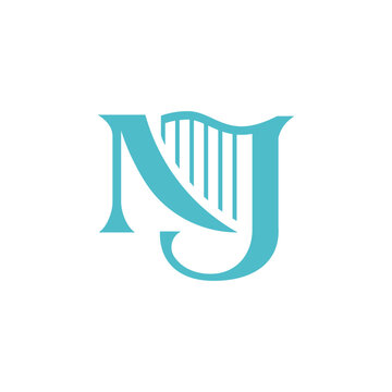 Classic NJ Monogram Harp Music Symbol Logo Design Vector