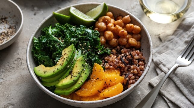 Buddha bowl with kale avocado orange and wild rice for healthy lunch bowl menu and background
