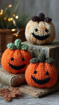 Cozy autumn scene with knitted pumpkins for halloween decoration