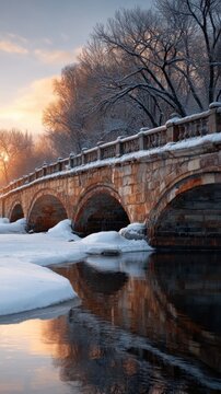 Stone bridge covered with snow over calm river at sunset