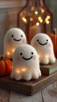 Cozy autumn decor with smiling ghosts and pumpkins for a festive halloween atmosphere