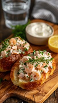 Classic shrimp rolls with new england style dressing on toasted brioche for menu and recipe feature