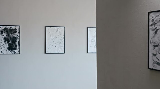 Abstract black and paintings hanging on gallery wall, camera panning slowly to reveal artworks. Clip is suitable for museum promotions, art exhibition ads or cultural event marketing