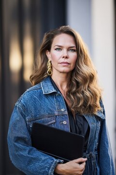 Confident caucasian female adult with long hair in denim jacket holding folder