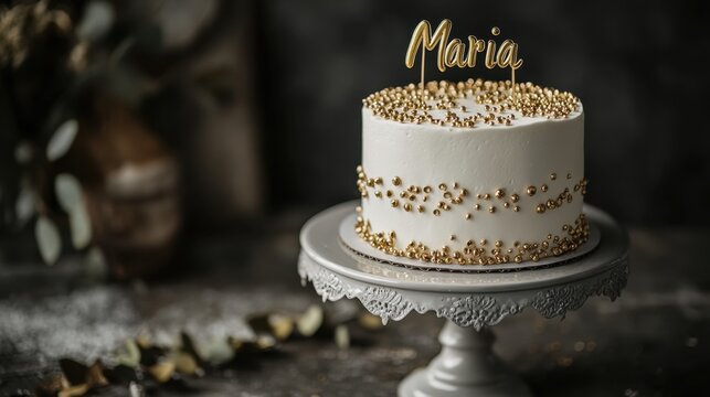 National Maria Day. Elegant white cake with gold pearls and custom topper on decorative stand