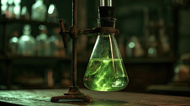 Glowing green liquid bubbles in a glass flask on a laboratory stand