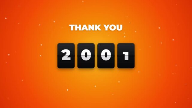 Animated flip clock counter showing 2001 with Thank You text. Retro scoreboard timer on orange background. Vintage mechanical milestone display.